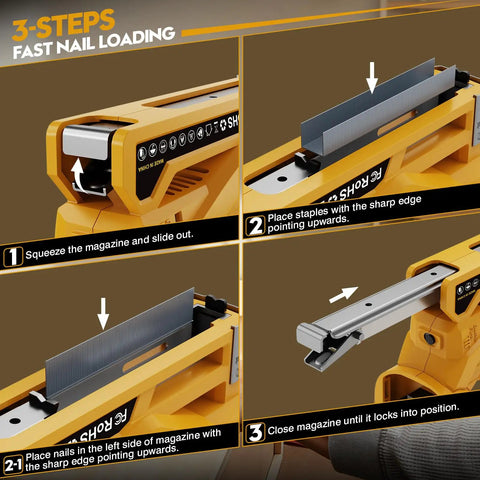 Compact 3 In 1 Cordless Staple Gun And 18 Gauge Brad Nailer Kit showing 3-step fast nail loading instructions.