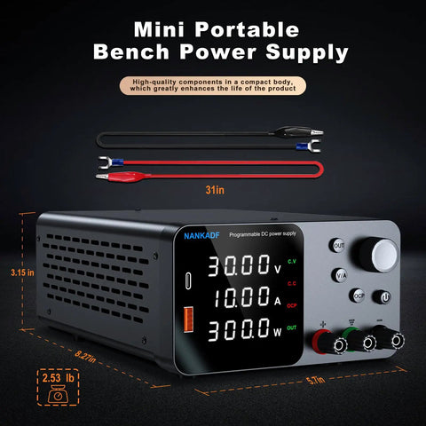 High Precision DC Power Supply With Encoder Knob 30V 10A Beefy Bench Unit USB Type C Quick Charge 5V Three Point Six Amp Output