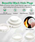 Stacked white 1-1/2 Inch Plastic Hole Plugs Flush Snap-In Round Hole Covers for cabinets and furniture, showing flame retardant feature.
