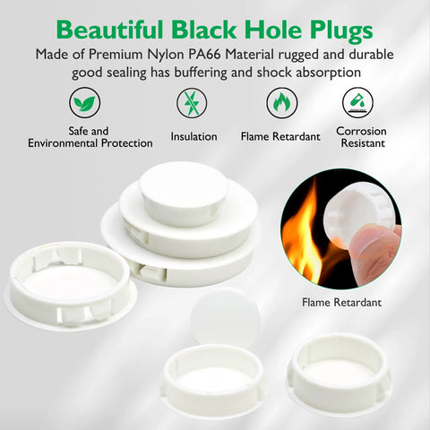 Stacked white 1-1/2 Inch Plastic Hole Plugs Flush Snap-In Round Hole Covers for cabinets and furniture, showing flame retardant feature.