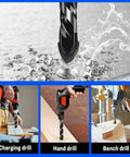 Masonry drill bit tip with tungsten steel alloy, close-up drilling into surface.
Cordless drill with orange handle and masonry bit mounted, side view.
Hand drill with black and orange body drilling into wood (angled view).
Bench drill press drilling into a wood block (front view).