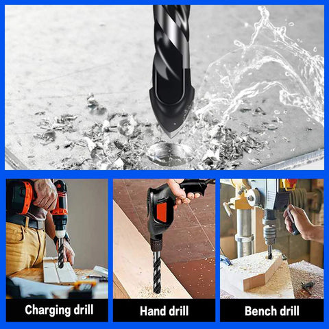 Masonry drill bit tip with tungsten steel alloy, close-up drilling into surface.
Cordless drill with orange handle and masonry bit mounted, side view.
Hand drill with black and orange body drilling into wood (angled view).
Bench drill press drilling into a wood block (front view).