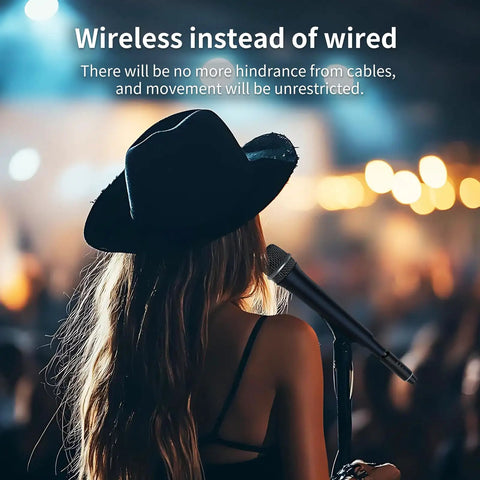Person on stage using Super Handy 2.4G Wireless XLR Microphone Transmitter and Receiver System with 1 to 2 Mode