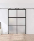 Sturdy Metal And Glass Sliding Double Barn Door With Hardware Kit 48 By 84 Inches Soft Close Included, installed view