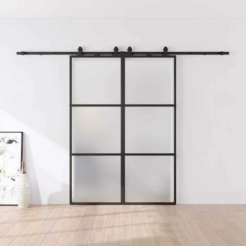 Sturdy Metal And Glass Sliding Double Barn Door With Hardware Kit 48 By 84 Inches Soft Close Included, installed view