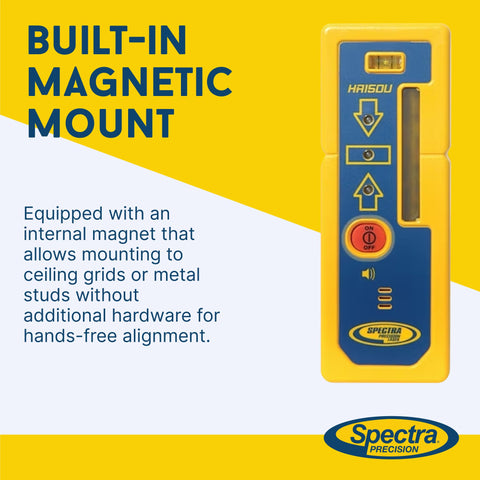 Straight Up Heavy Duty Laser Level Receiver With Dual Sided Led Display For Red Green Or Infrared Rotating Lasers showing built-in magnetic mount.