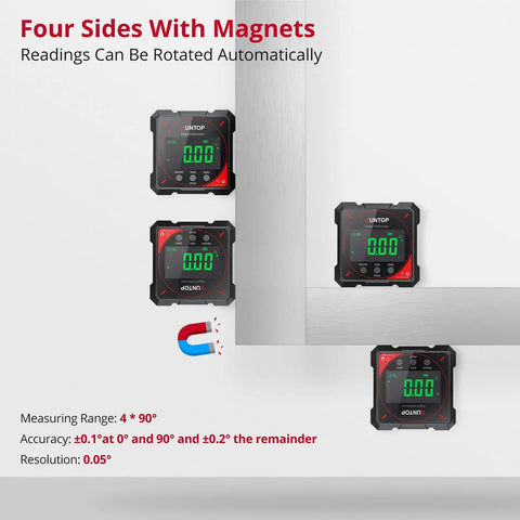Precision Digital Angle Finder With Four Side Strong Magnet And Quick Zero Function For Dead On Accuracy In Carpentry Metalwork And Hardcore Weekend Warrior Shop Projects, displaying magnets and automatic readings.