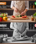 Before and after using Non Slip Cutting Board Feet Set 8 Pack 1.6 Inch Self Adhesive Silicone Pads No Screws Needed