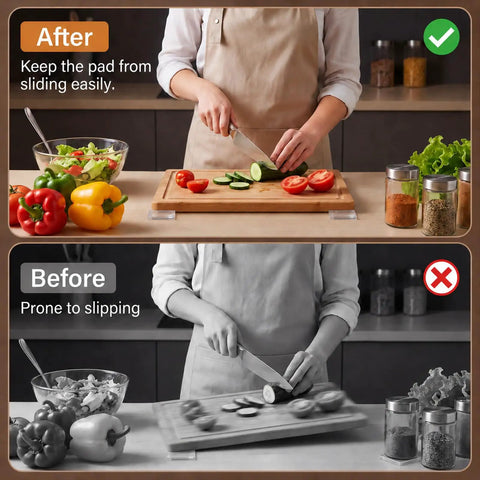 Before and after using Non Slip Cutting Board Feet Set 8 Pack 1.6 Inch Self Adhesive Silicone Pads No Screws Needed