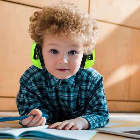 Child wearing Four Pack Kids Ear Protection Earmuffs Adjustable Noise Reduction 27NRR Noise Cancelling Earmuffs For Sleep And Study