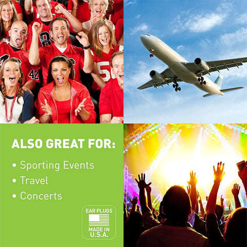 Collage of people at a sports event, an airplane, concert crowd with Protechs Foam Ear Plugs For Sleep And Focus use cases.
