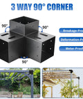 3 Way 90° corner pergola bracket with black powder coat shown in use. 4 Pack 3 Way Right Angle Pergola Brackets With Black Powder Coat Finish For DIY Woodworking, Post Base Brackets For Gazebos And Patios, 3.6 By 3.6 Inch, Rock Solid Carbon Steel.