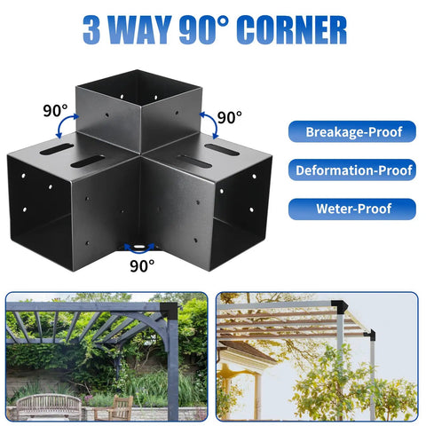 3 Way 90° corner pergola bracket with black powder coat shown in use. 4 Pack 3 Way Right Angle Pergola Brackets With Black Powder Coat Finish For DIY Woodworking, Post Base Brackets For Gazebos And Patios, 3.6 By 3.6 Inch, Rock Solid Carbon Steel.