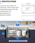 Kitchen showcasing an installed undermount 14X19 inch bar sink in 16 gauge stainless steel, featuring single bowl and dimensions diagram.