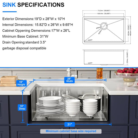Kitchen showcasing an installed undermount 14X19 inch bar sink in 16 gauge stainless steel, featuring single bowl and dimensions diagram.