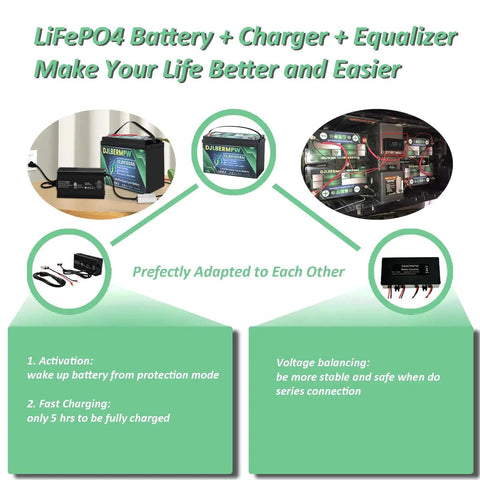 12V 100Ah LiFePO4 Battery With Built-In 100A BMS displayed with charger and equalizer setup diagram