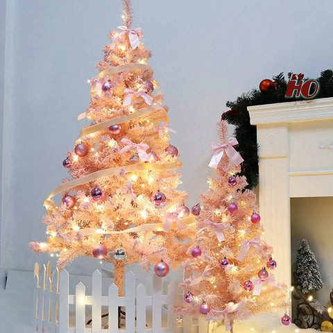 Pink Christmas trees adorned with Warm White 50 Count Mini Christmas Lights On White Wire For Indoor Outdoor Decor 10ft Clear