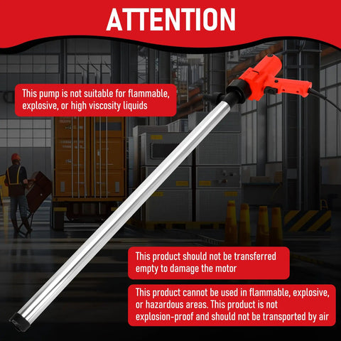 Heavy Duty 2480W Electric Barrel Pump with aluminum pump tube, cautionary notes for safe fuel and oil transfers in workshop.