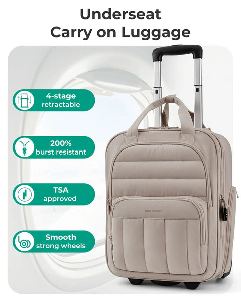 Underseat Carry On Luggage With Wheels 16 Inch Compact Travel Case For Women Lightweight Brown Underseat Suitcase