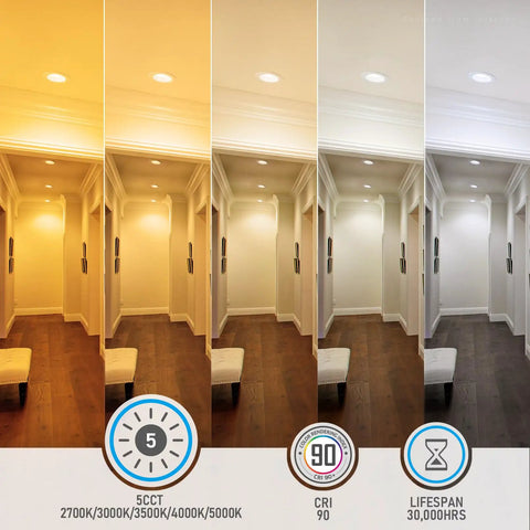 Eight Pack 6 Inch LED Recessed Retrofit Downlight Kit With 5CCT Color Temps 2700K 3000K 3500K 4000K 5000K Dimmable shown in hallway