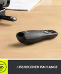 R400 Wireless Presenter With USB A PowerPoint Clicker And Red Laser Pointer on a desk beside a USB receiver