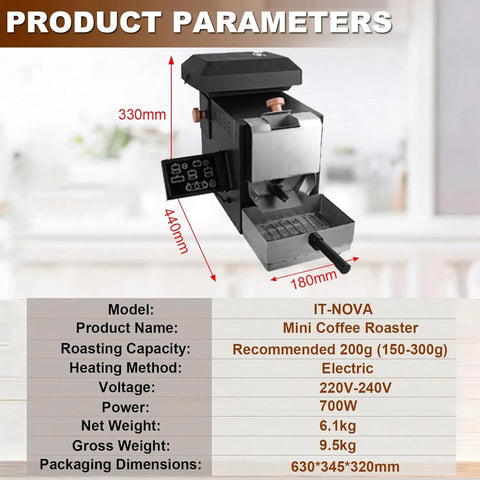 Top Shelf Home Coffee Bean Roaster Using Direct Fire Heat Smart Independent Cooler Precision Drum And Three Blade Mixer For Killer Fresh Light Or Dark Roasts Any Day dimensions and specifications overview.