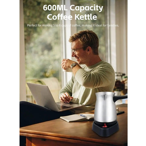 Man enjoying coffee beside Electric 600ml Do It All Coffee Pot With Stainless Steel Kettle And Ergonomic Handle For Home Use