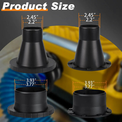 Quick Snap Magnetic Dust Collection Fittings 4 Inch To 2.5 Inch Adapters sizing details, showing dimensions 2.45", 2.2", 3.93", and 3.77".