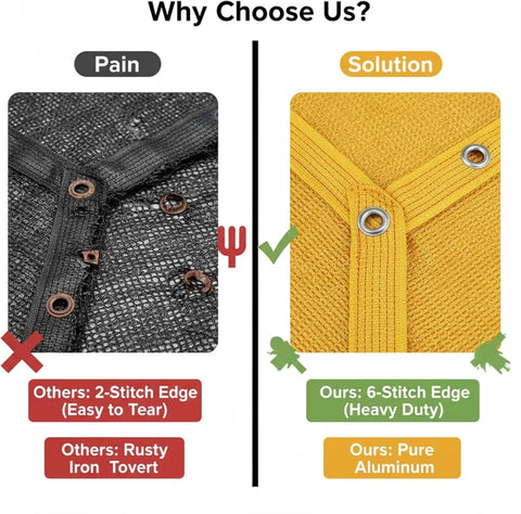 Comparison of 2-stitch edge shade cloth vs 90 Percent Shade Cloth 9x30ft UV Block Outdoor Go To Patio Shade Cover, showing durability