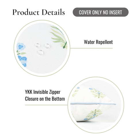 Close-up of Coastal Throw Pillow Cover 18x18 Inches Water Repellent Indoor Outdoor Cushion Cover in Baby Blue Green Floral With Piping