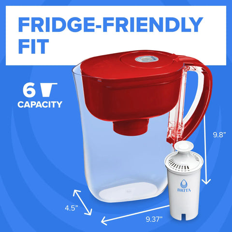 Metro Water Filter Pitcher With SmartLight Indicator, 6-Cup Capacity, BPA Free Red, includes one filter, reduces plastic waste.