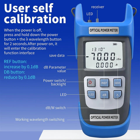 Front view of blue A-C710A optical power meter tester with LCD display and FC-LC adapter.