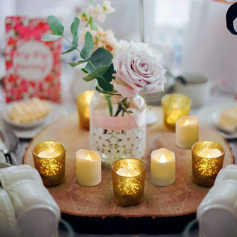Rechargeable Flameless Votive Candles With USB Charge 6 Pack Tea Lights on a decorative wooden table setup