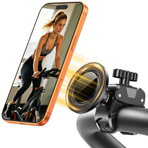 Close-up of Magnetic Gym Phone Holder With Clamp For Treadmills attached to exercise bike with smartphone, demonstrating functionality.