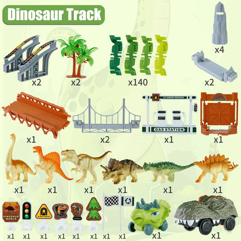 Awesome Dinosaur Race Track Playset With 140 Tracks, Dinosaurs, Cars, Bridges, Ramps, Trees, Traffic Lights Displayed