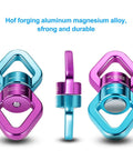 Beefy Safety Rotational Swivel With Aluminum Alloy Double Ball Bearings, Holds Over 8500 Pounds, 360 Degree Spin For Smooth Rope Climbing, Hiking And Workouts, Attaches Up To Three Carabiners, Prevents Rope Twist And Kinking, aluminum alloy swivel shown front and side