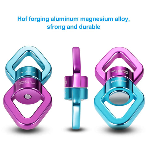 Beefy Safety Rotational Swivel With Aluminum Alloy Double Ball Bearings, Holds Over 8500 Pounds, 360 Degree Spin For Smooth Rope Climbing, Hiking And Workouts, Attaches Up To Three Carabiners, Prevents Rope Twist And Kinking, aluminum alloy swivel shown front and side