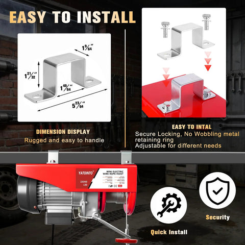 YATOINTO red wireless electric hoist with metal mounting bracket and remote control, 440 lb capacity.