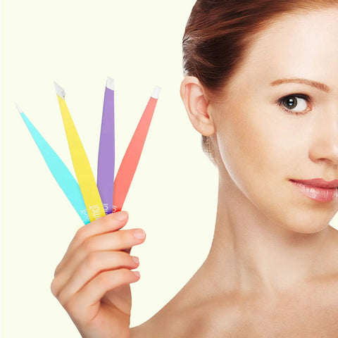 Pro Grade Eyebrow Tweezer Set Four Piece Slant And Pointed Tips Stainless Steel held by woman close to face