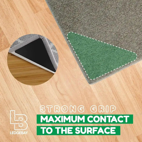 Non Slip Rug Pad Grippers Corner 4 Pack, Double Sided Self Adhesive showing strong grip on hardwood floor with green corner.