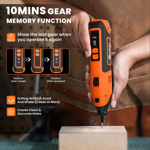 Bad Boy 12V Cordless Rotary Tool Featuring 35000RPM Digital Display And 2000mAh Lithium Ion Battery Tough As Nails shows gear memory function.