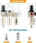 Three Quarter Inch NPT Pro Grade Three Stage Air Dryer System With Auto Drain Water Separator, Particulate And Coalescing Filters, Regulator, And Ultra Dry Output For Paint Spray And Plasma Cutter, 0 To 240 PSI showing product dimensions and components.