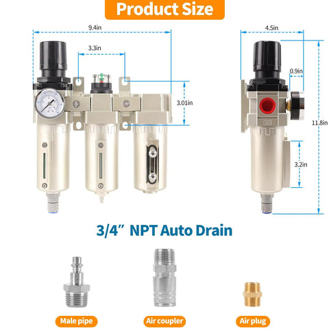 Three Quarter Inch NPT Pro Grade Three Stage Air Dryer System With Auto Drain Water Separator, Particulate And Coalescing Filters, Regulator, And Ultra Dry Output For Paint Spray And Plasma Cutter, 0 To 240 PSI showing product dimensions and components.