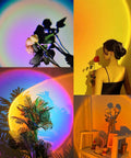 Sunset Lamp With 16 Colors And 4 Modes Remote Control Color Changing Rainbow Light LED Projector casting colorful shadows on decor and people.