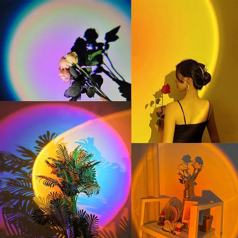 Sunset Lamp With 16 Colors And 4 Modes Remote Control Color Changing Rainbow Light LED Projector casting colorful shadows on decor and people.