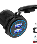 Dual USB 12V Marine Outlet With Switch, Waterproof Car Charger Mount For Boat, Golf Cart, Motorcycle, ATV And RV, blue LED