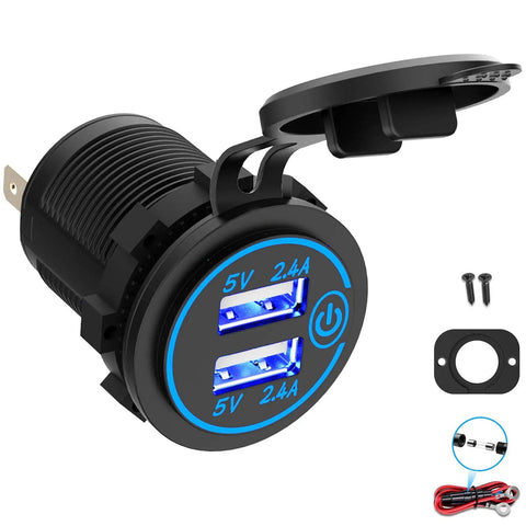 Dual USB 12V Marine Outlet With Switch, Waterproof Car Charger Mount For Boat, Golf Cart, Motorcycle, ATV And RV, blue LED