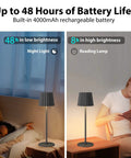 2 Pack Rechargeable Cordless Table Lamps With 3000K Dimmable Warm Light next to bed and on desk, highlighting 48-hour battery life, black