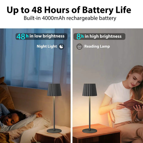 2 Pack Rechargeable Cordless Table Lamps With 3000K Dimmable Warm Light next to bed and on desk, highlighting 48-hour battery life, black