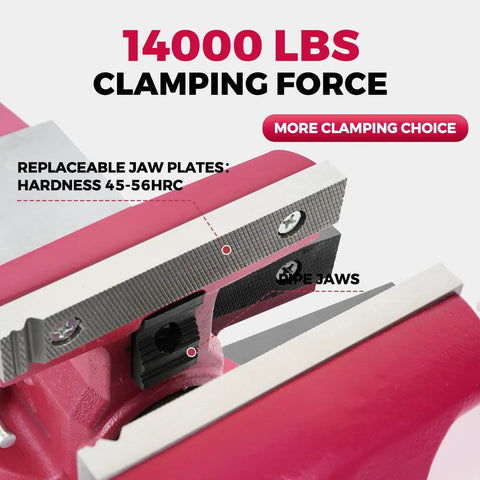 Heavy Duty 6 Inch Bench Vise With Thick Steel Anvil And 360 Degree Swivel Base Built Like A Tank From High Strength Ductile Iron jaws showcasing 14000 lbs clamping force.